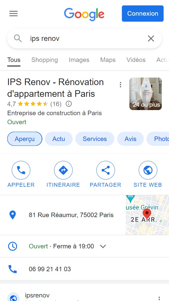 Recherche d'une entreprise sur Google My Business